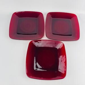 Anchor Hocking Vintage Glass Ruby Red 3 Square Side Plates 8 1/4”